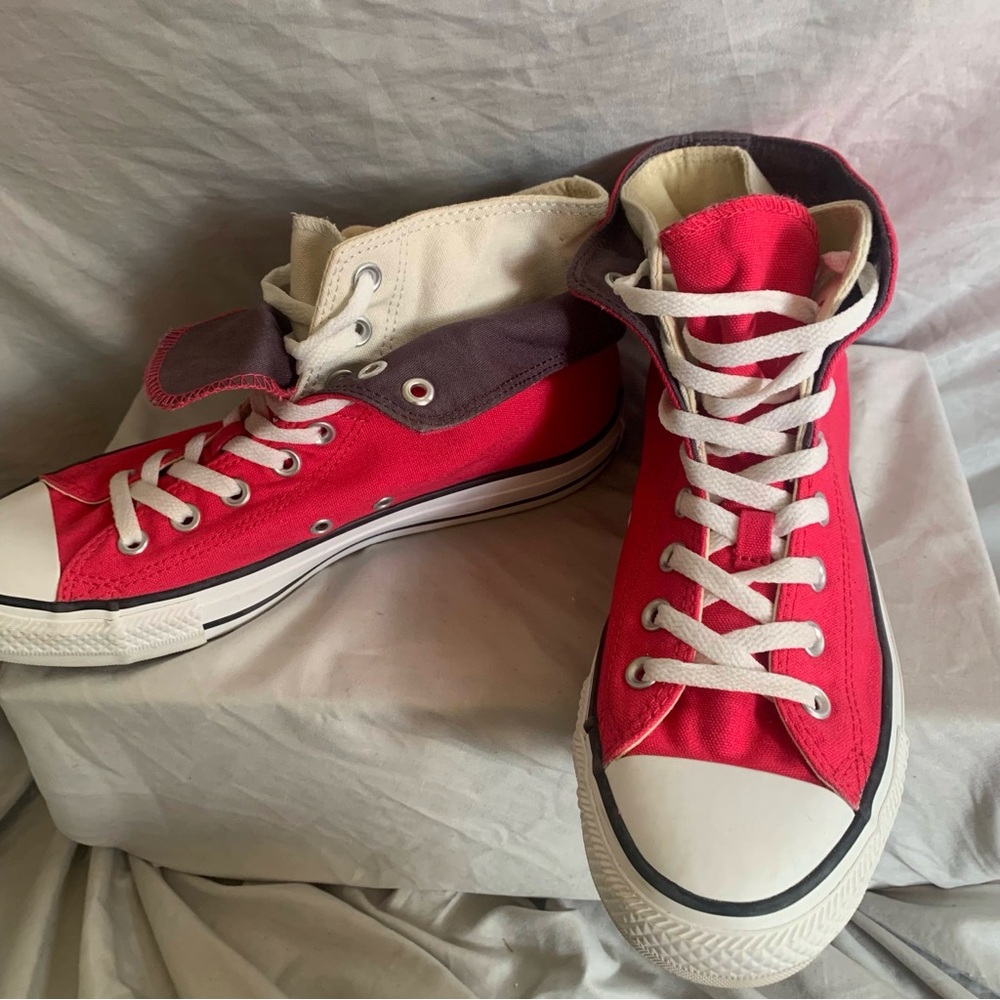 SOLD - Converse, double layer hi-tops, hot pink cream, purple/grey, 8M/10W